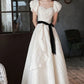 White Elegant Fashion Elegant Textured Long Satin short sleeves Floor-Length Prom Dress Evening Dress Princess Graduation Dress Adult Ceremony Dress gh3845
