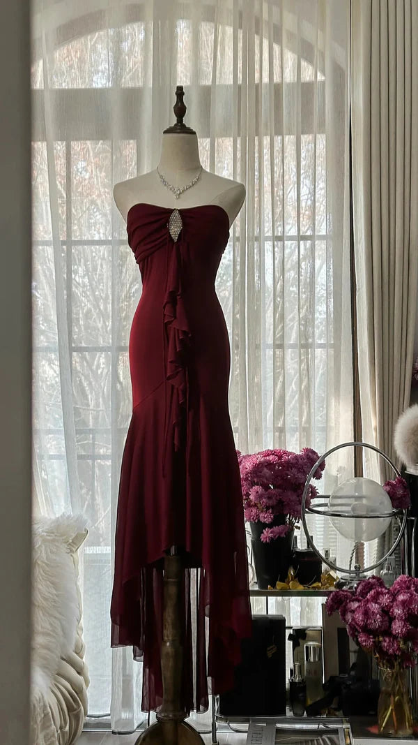 Burgunderrotes Vintage-Elegantes, exquisites, mit Edelsteinen besetztes, langes Chiffon-Abendkleid, ärmellos, Ballkleid, Partykleid für Geburtstage/Hochzeitsgäste, gh4101