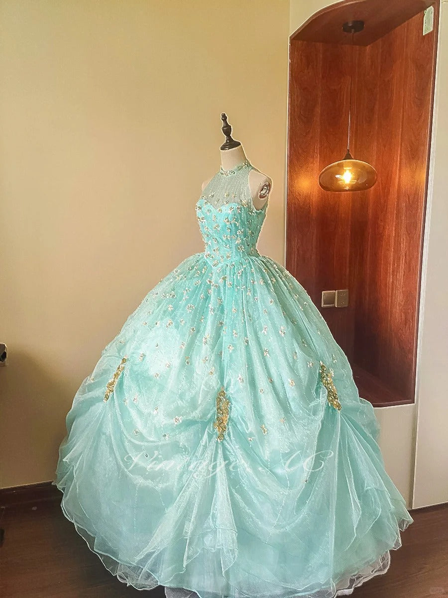 Girlhomeshops - Robe de bal longue en tulle vert menthe à paillettes et perles florales, longueur au sol, gh5300