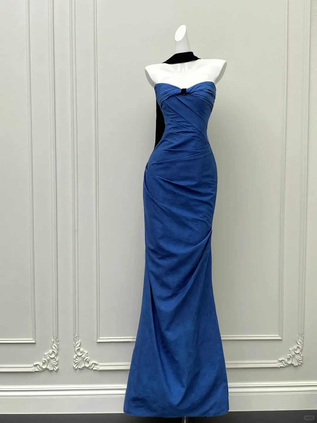 💙Blue tube top dress retro high-end black ribbon ball gown evening dress gh4328