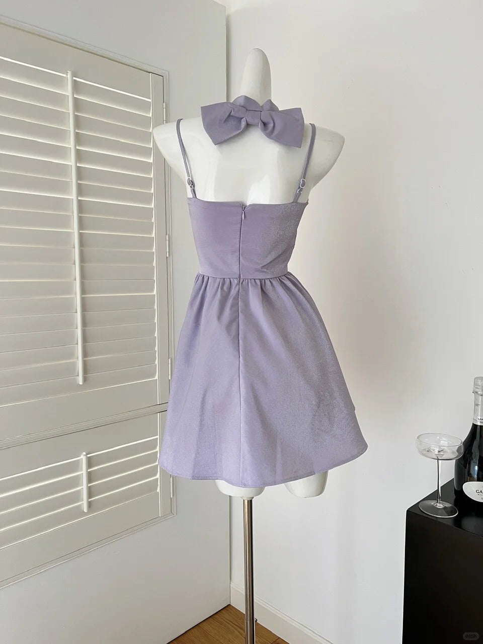 Robe de soirée courte en satin avec nœud violet, robe de bal, robe de fête d'anniversaire, gh4559