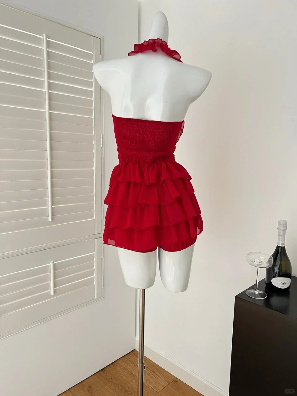 Red floral homecoming dress short chiffon summer beautiful seaside vacation sexy halterneck two piece set gh4561