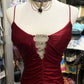 Burgundy Stunning Fashion Retro Elegant Exquisite Rhinestone Spaghetti Straps Long Satin Sexy Backless Prom Dress Evening Dress Birthday Party Dress gh4147