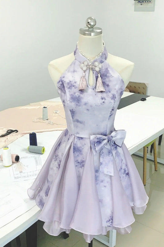 Girlhomeshops - Robe de fée à col montant et nœud boutonné, style chinois, dégradé de couleur violet, style oriental, gh5731