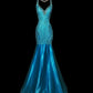 Blue Shiny Fashion Elegant V-neck Floral Long Mermaid Slim Fishtail Skirt Satin Floor Length Train Ball Gown Evening Gown Party Dress Prom Dress gh3818