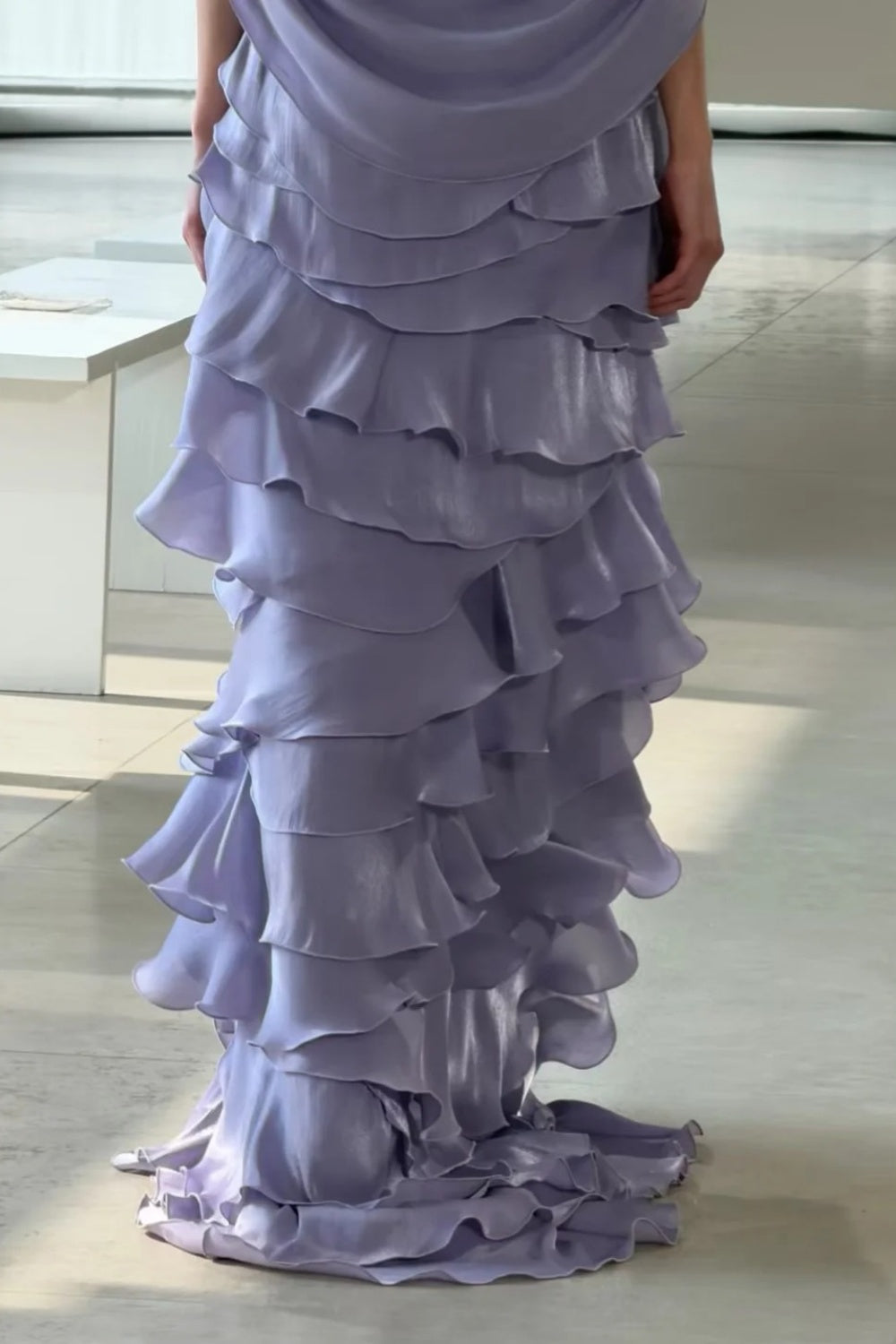 Shimmering Lilac Halter Dress with Cascading Ruffles Floral Accent Elegant Floor-Length Mermaid Formal Gown gh7102