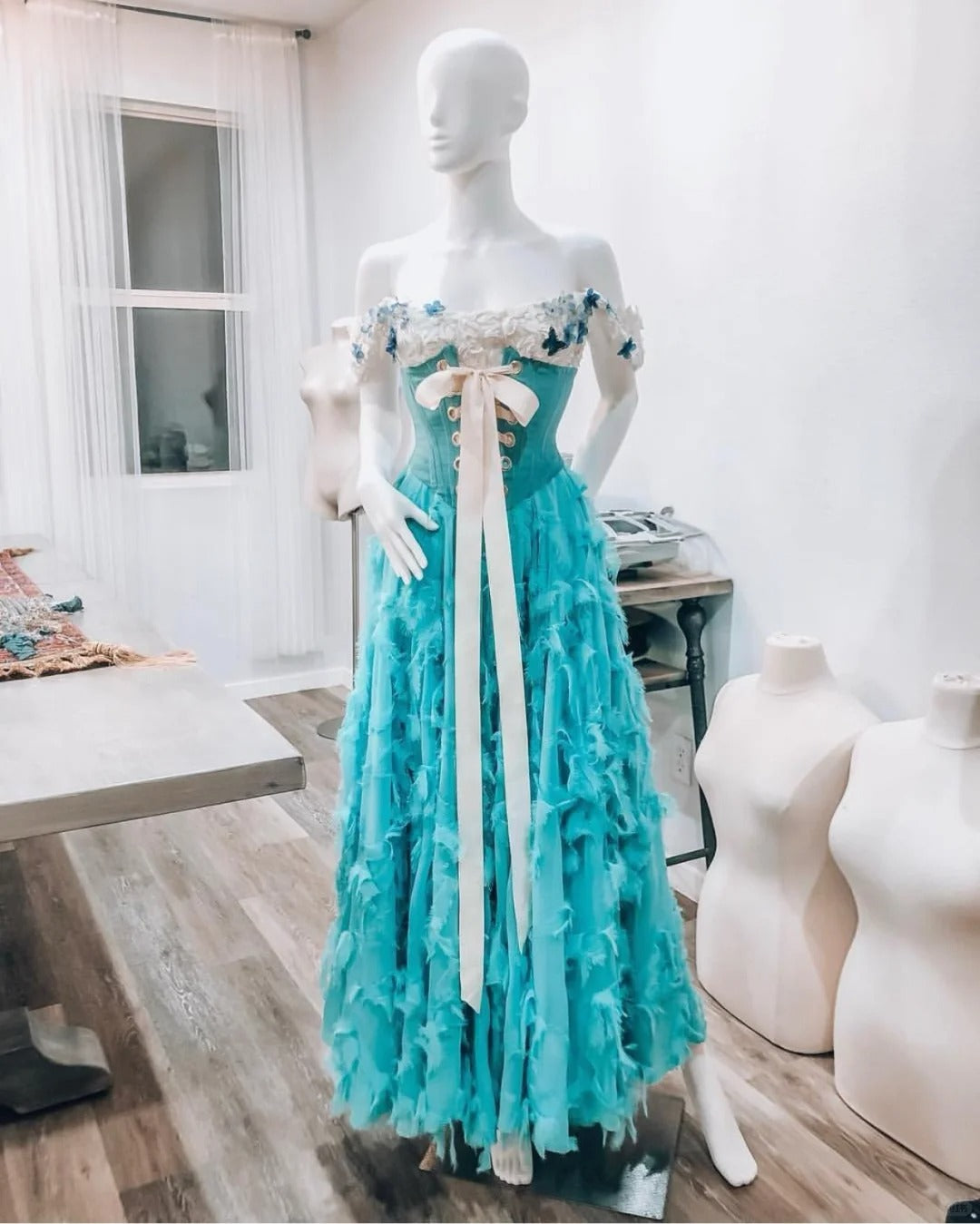 Girlhomeshops-Blaues Blumenkorsett, lang, Retro, elegantes Ballkleid, Abendkleid, gh5072