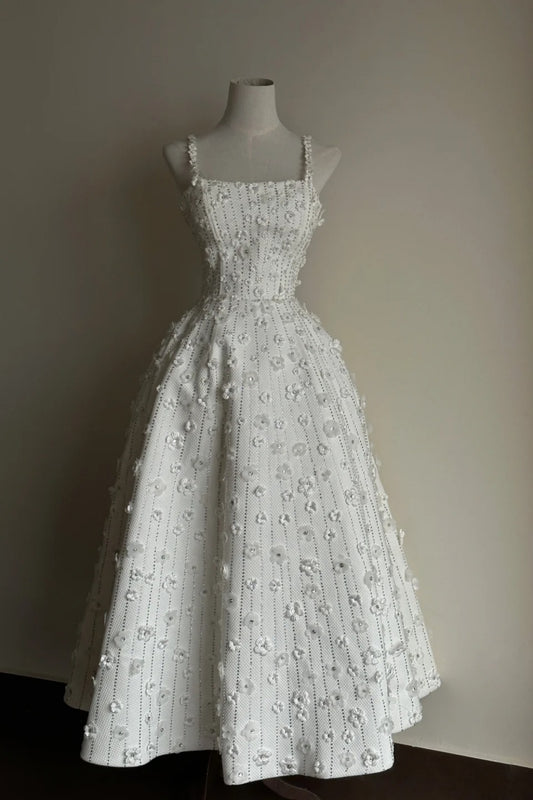 Robe de soirée longue en mousseline blanche à motif floral délicat, robe de mariée gh6805