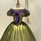 Robe de bal victorienne en satin vert olive à épaules dénudées : tissu satiné, garniture florale en velours, dentelle à motif d'étoiles, silhouette rétro, robe de soirée gh6734