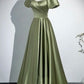 Vintage Olive Green - Square Neck Puff Sleeve Satin Gown, Waisted Flare Socialite Evening Dress  gh7074