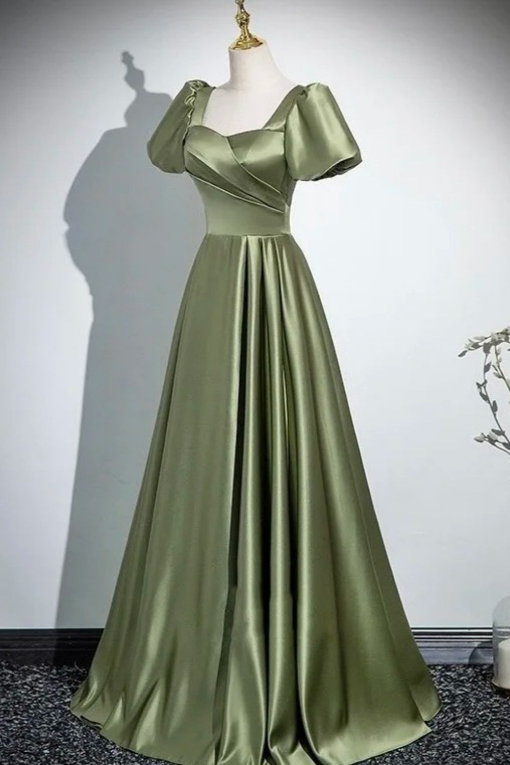 Vintage Olive Green - Square Neck Puff Sleeve Satin Gown, Waisted Flare Socialite Evening Dress  gh7074