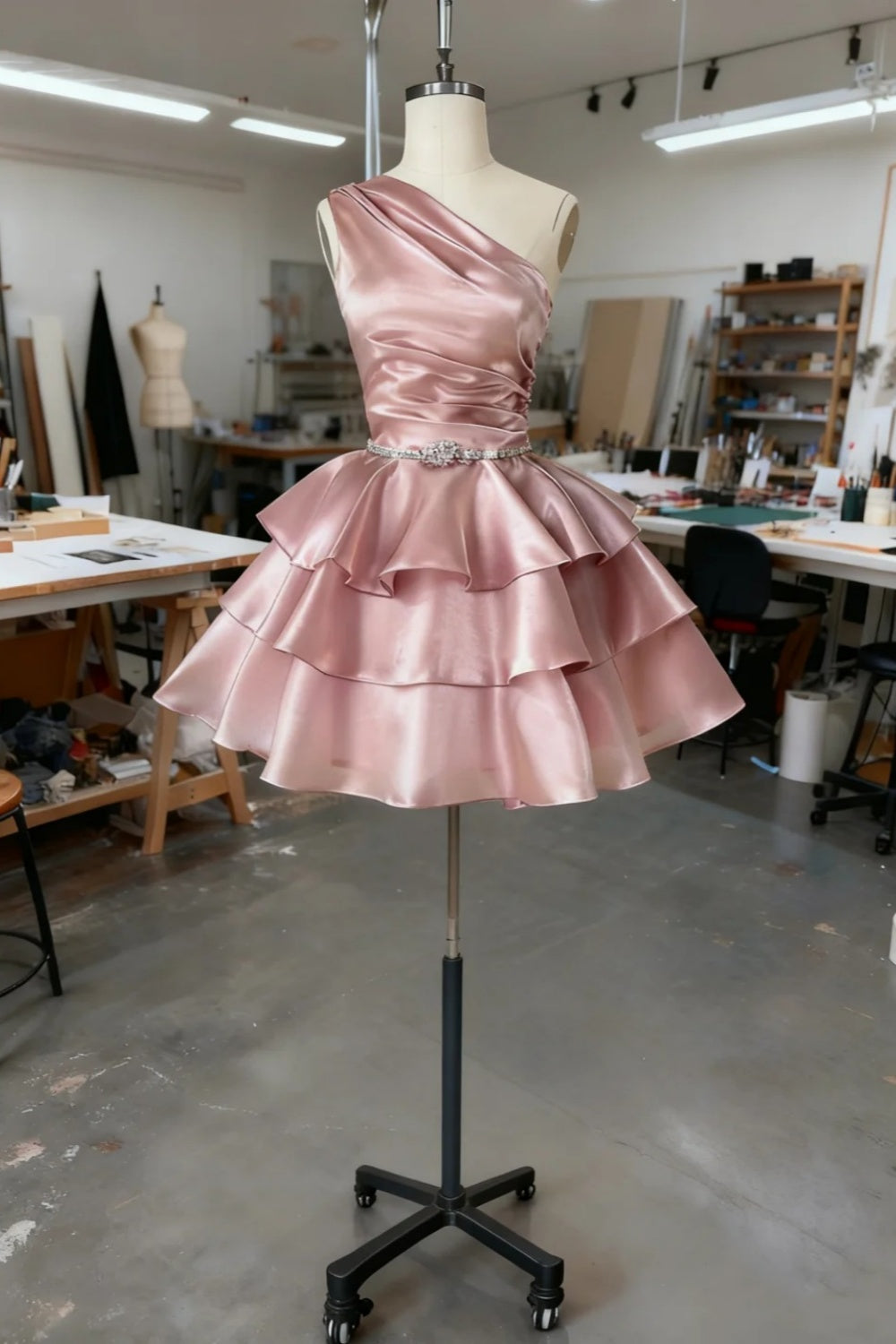 girlhomeshops-Pinkes kurzes Satin-Geburtstagskleid mit einem Träger und Rüschen gh6164