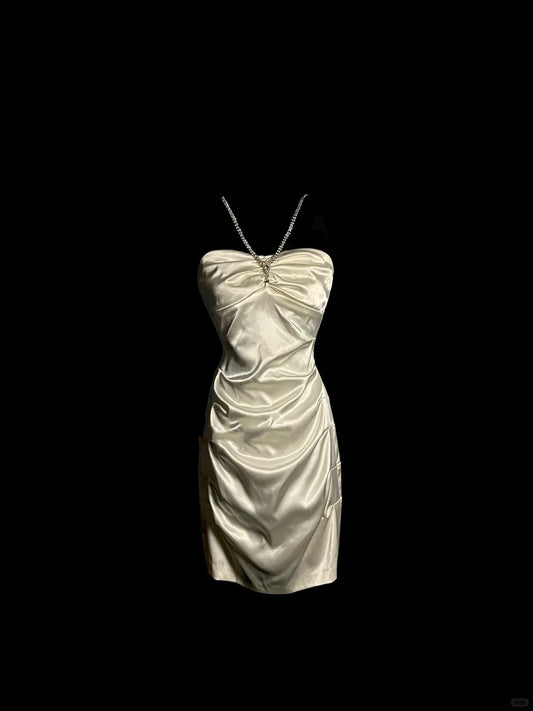 Robe de soirée courte en satin blanc brillant à bretelles, tenue de fête d'anniversaire gh4264