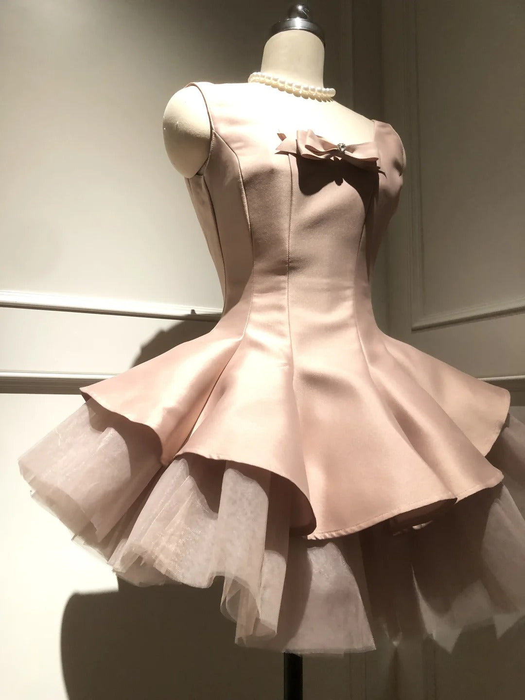 Rosa Süßes Niedliches Elegantes Kurzes Tüll Satin Schleife Dekoration Homecoming Kleid Abendkleid Geburtstagsparty Kleid Ballkleid Ballkleid gh4077