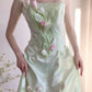 Girlhomeshops-🌷🌿Grünes, bodenlanges Ballkleid aus Satin mit Tulpenapplikation, Abendkleid gh5240