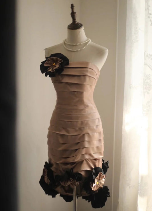Robe de soirée courte en satin, couleur thé, motif floral, longueur devant et derrière, tenue de fête d'anniversaire, gh4816
