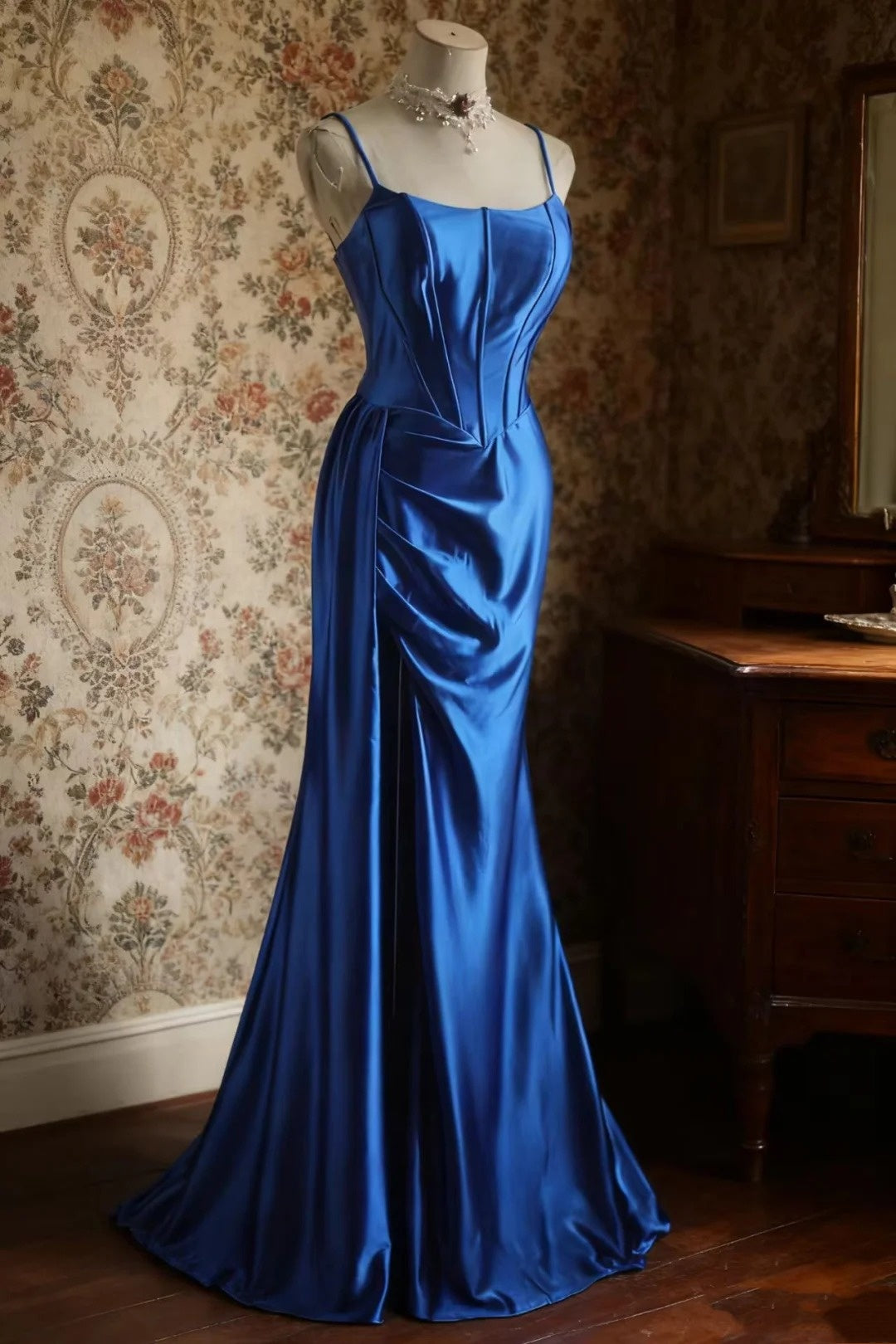girlhomeshops-Ärmelloses königsblaues Meerjungfrauenkleid aus Satin, elegantes Retro-Abendkleid in schmaler Passform und bodenlang, gh5828