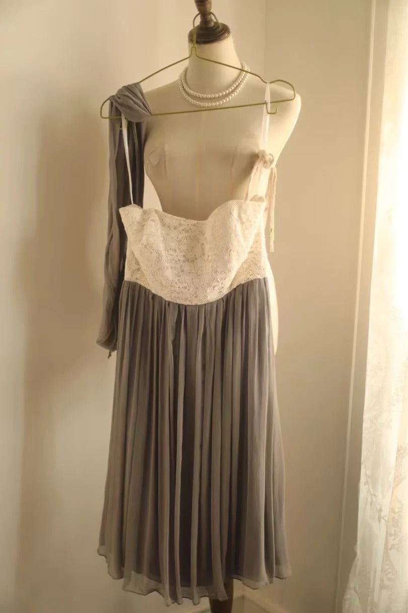 Graues Vintage-Heimkehrkleid aus Spitze, kurzes Chiffon-Ballkleid, gh4497