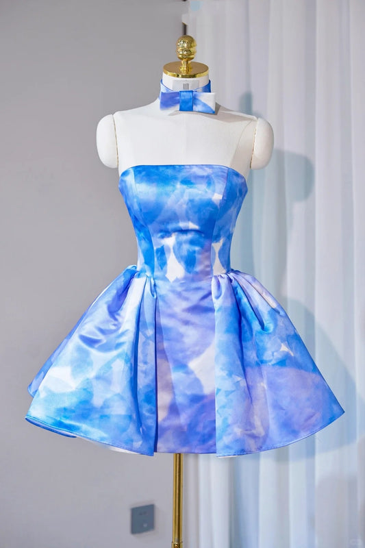 Robe de soirée courte en satin bleu doux, robe de bal, robe de soirée, gh4557