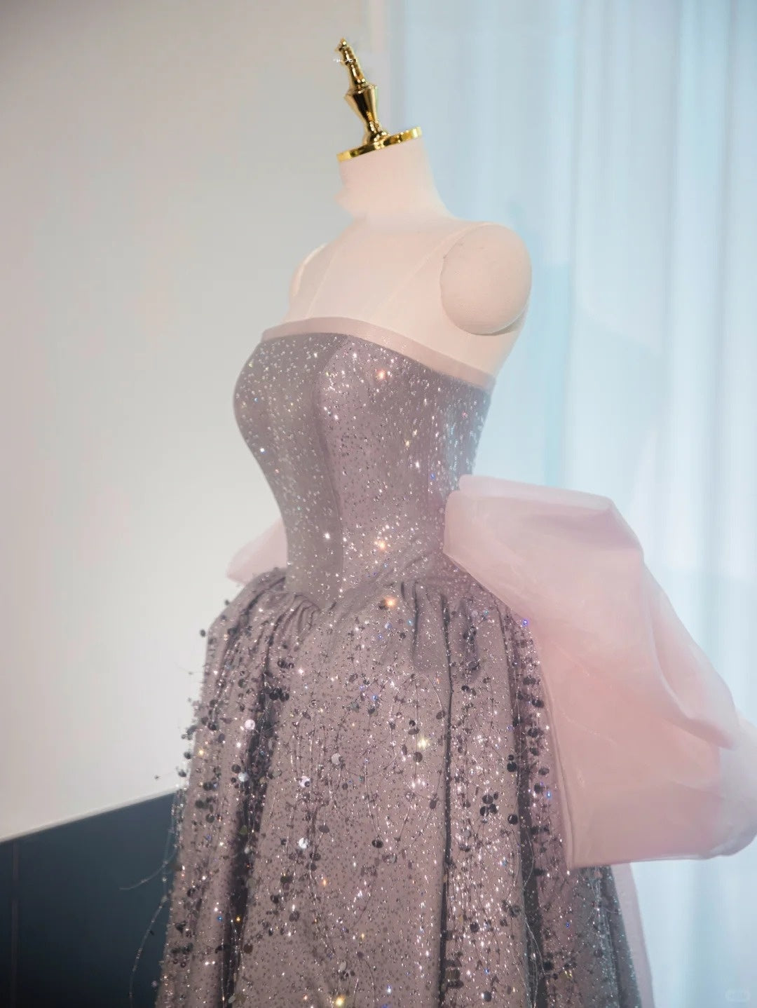 Robe de soirée longue à paillettes argentée et brillante, avec nœud rose, robe de bal, robe de remise de diplôme, gh4552