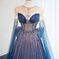 Blue gorgeous shiny beaded long floor-length tulle ball gown evening gown graduation gown gh4553