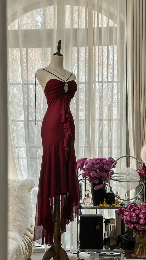 Burgunderrotes Vintage-Elegantes, exquisites, mit Edelsteinen besetztes, langes Chiffon-Abendkleid, ärmellos, Ballkleid, Partykleid für Geburtstage/Hochzeitsgäste, gh4101
