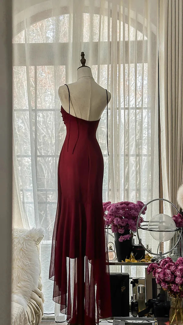 Burgunderrotes Vintage-Elegantes, exquisites, mit Edelsteinen besetztes, langes Chiffon-Abendkleid, ärmellos, Ballkleid, Partykleid für Geburtstage/Hochzeitsgäste, gh4101