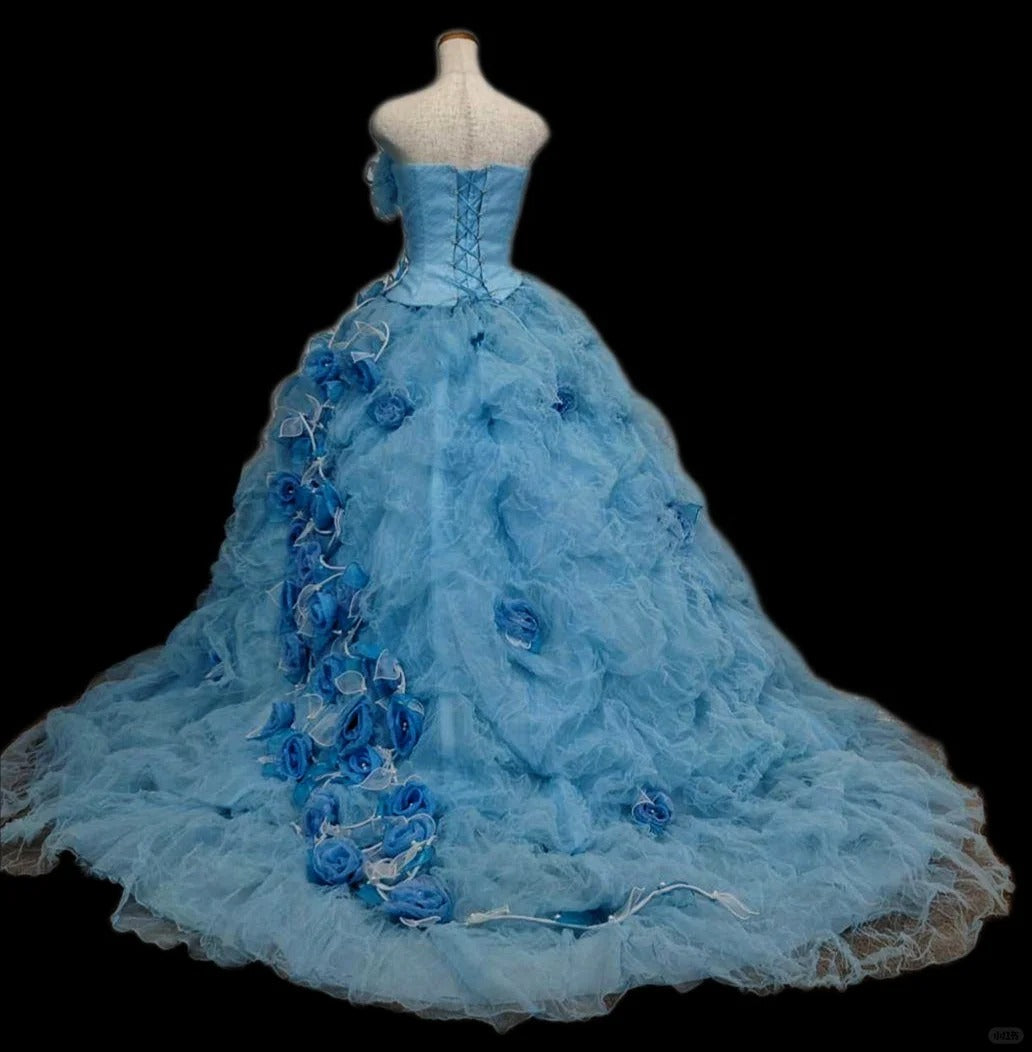 Girlhomeshops - Blaues, florales, modisches, wunderschönes, elegantes, langes Tüll-Ballkleid gh5322