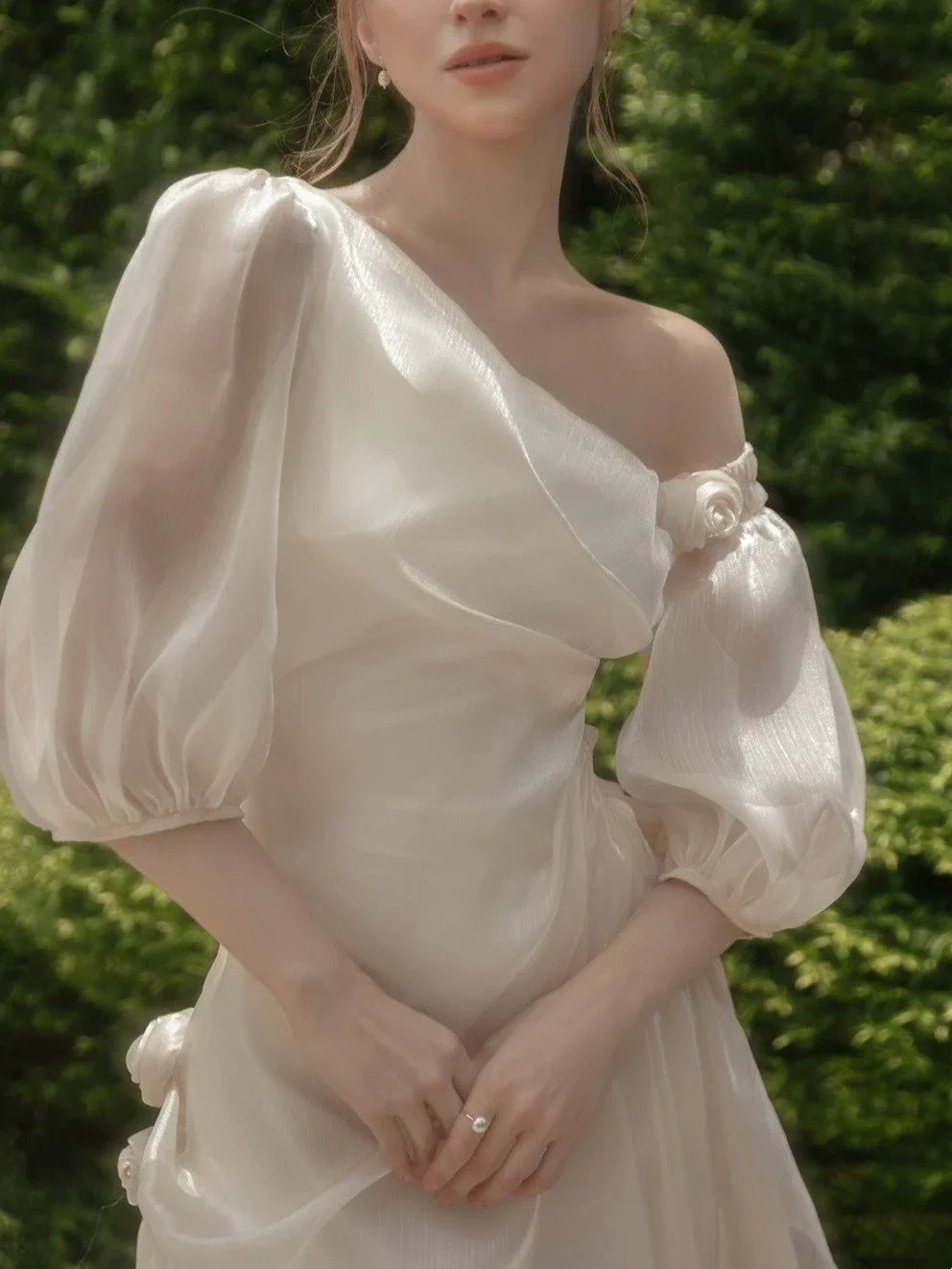 girlhomeshops-🕊Einschultriges, langes Feenkleid mit Blumenmuster, weißes Mondlicht, Lieblings-Feenkleid der weiblichen Hauptrolle, gh5907
