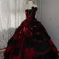 girlhomeshops-Burgundy-Black Paneled Shiny Satin Strapless Sleeve Floor-Long Gothic Ball Gown gh6317