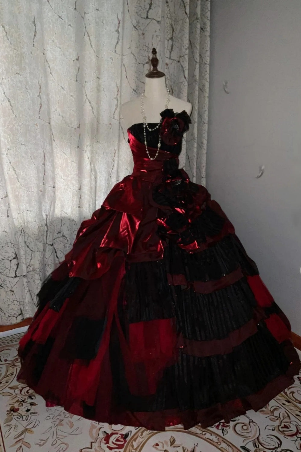 girlhomeshops-Burgundy-Black Paneled Shiny Satin Strapless Sleeve Floor-Long Gothic Ball Gown gh6317