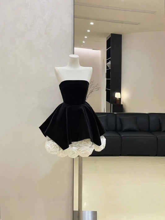 Robe de soirée courte en velours à fleurs noires, robe de bal, robe d'anniversaire, gh4521