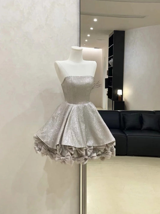 Robe de soirée courte en satin argenté scintillant, robe de bal, robe d'anniversaire, gh4527