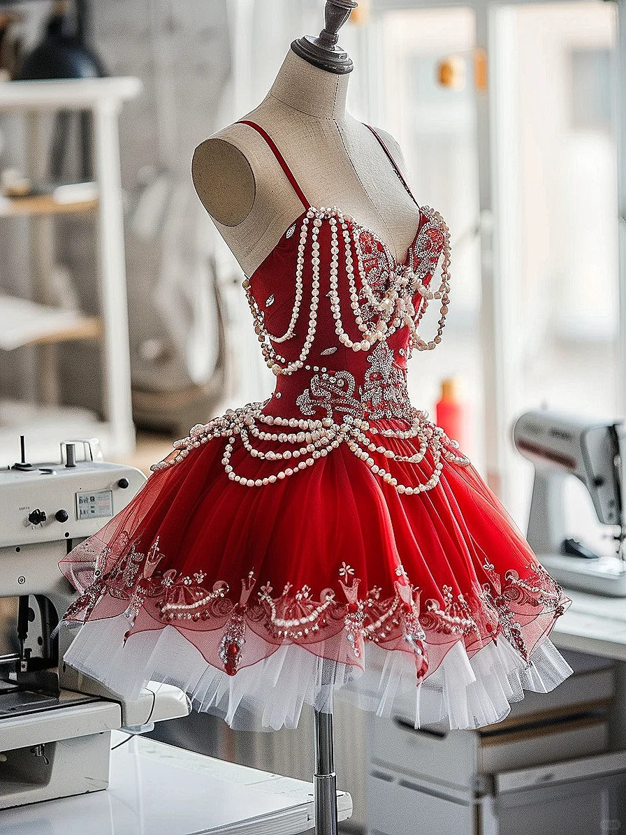 Girlhomeshops - Robe de soirée courte en mousseline de soie rouge, magnifique et exquise, robe de soirée d'anniversaire gh5423