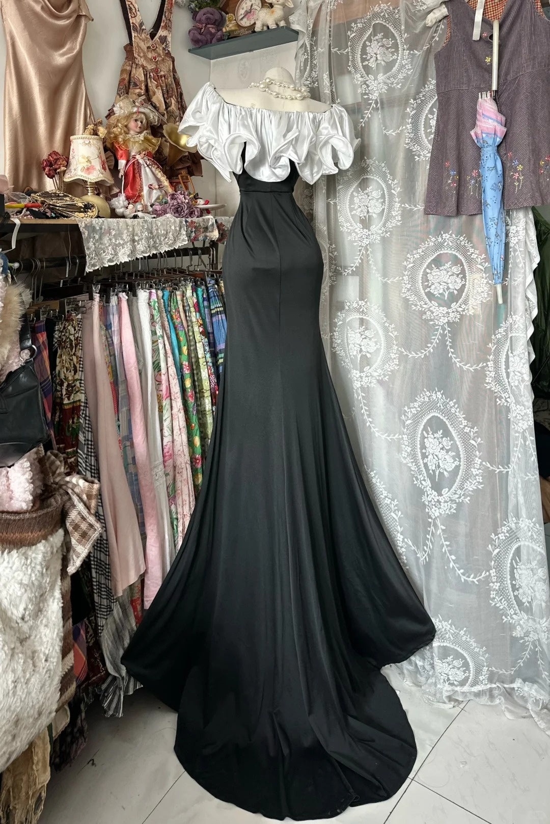 girlhomeshops - Robe de bal longue en satin noir et blanc jusqu'au sol gh6234