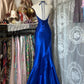 girlhomeshops-Royal Blue Satin Beaded Halter Sleeveless Floor-Length Mermaid Gown gh6324