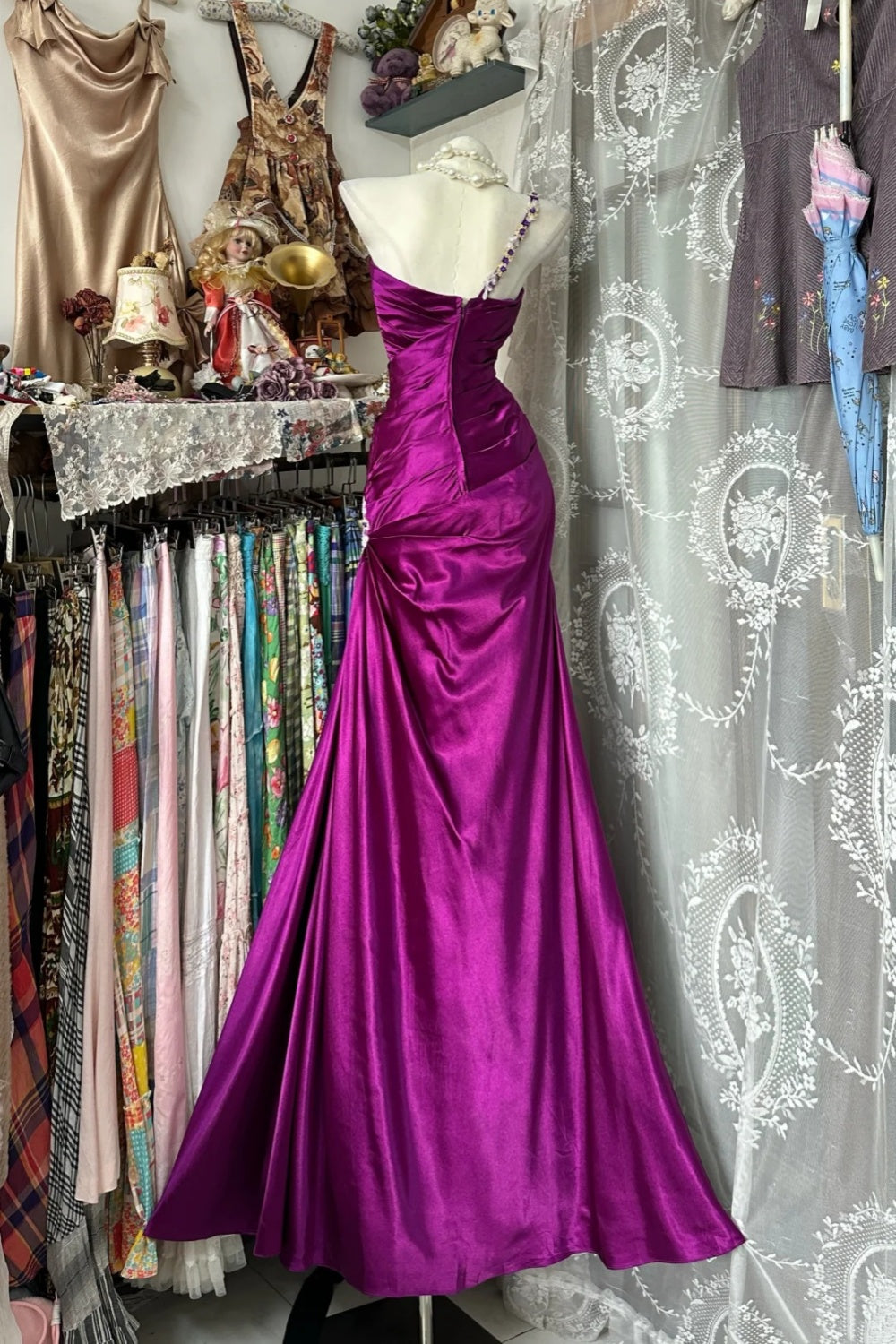 girlhomeshops-Neues Retro-Kleid, lila Satinkleid gh61278
