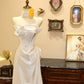 White Floral Long Satin Ball Gown Evening Gown Wedding Dress gh4491