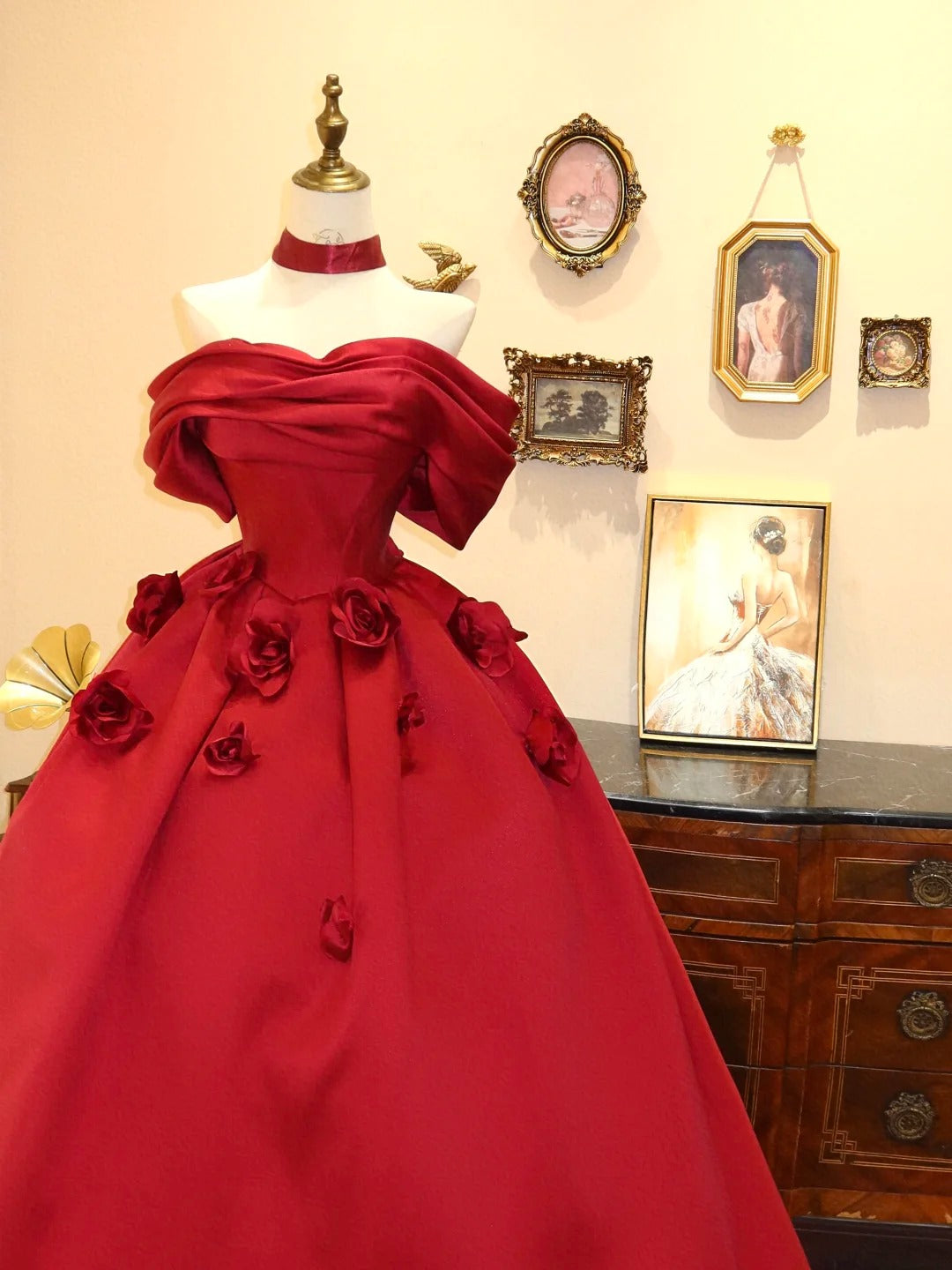 Rotes, elegantes, florales langes Satin-Ballkleid, Abendkleid, Abschlusskleid, Brautkleid, Geburtstagskleid, gh4241