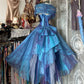 Vintage-Ballkleid im Court-Stil, blau-violett Ombré, schulterfrei, aus Spitze, schimmernder Organza, gh7091