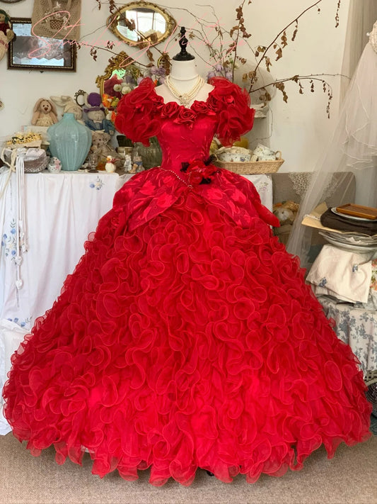 Rotes Blumenmuster Langes Tüll Ballkleid Abendkleid Quinceanera Kleider Brautkleid gh4574