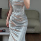 Robe de soirée sirène bustier argentée à sequins, style luxueux et scintillant - Robe somptueuse pour dîner et tapis rouge gh6566