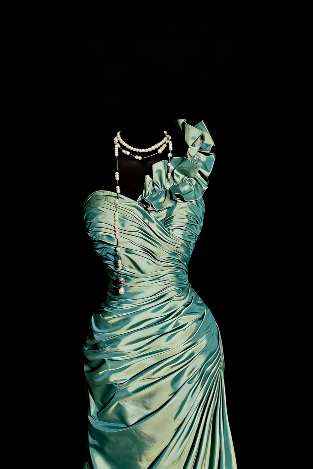 Mintgrünes One-Shoulder-Kleid aus Satin mit Rüschen gh7096