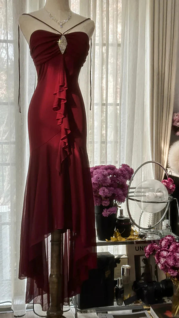 Burgunderrotes Vintage-Elegantes, exquisites, mit Edelsteinen besetztes, langes Chiffon-Abendkleid, ärmellos, Ballkleid, Partykleid für Geburtstage/Hochzeitsgäste, gh4101