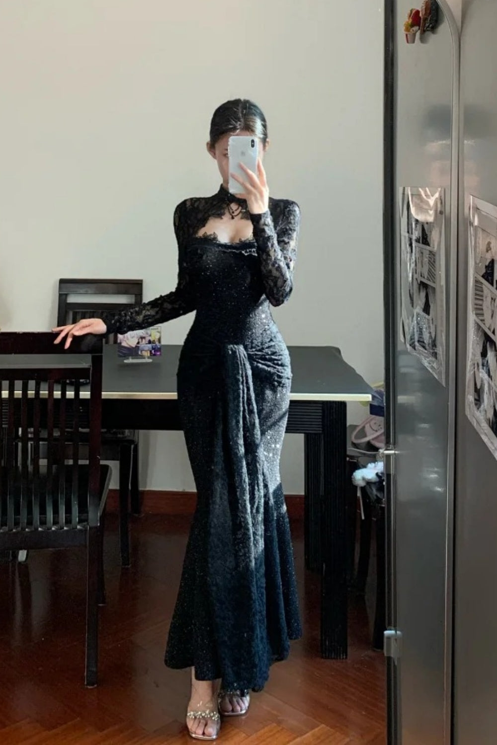 Black long sleeved exquisite lace long elegant Prom dress graduation formal dress gh6629