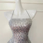 Silbernes glänzendes Nischen-Vintage-Kleid, kurzes Pailletten-Heimkehrkleid, Geburtstags-Cocktailpartykleid, gh4306