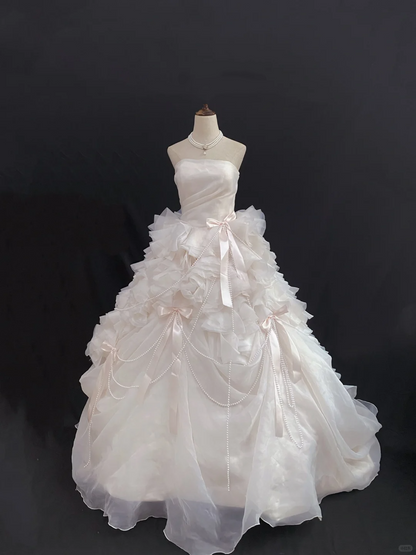 Blush pink strapless long romantic gown with cinched waist and fluffy tiered cake skirt, wedding dress & bridal gown gh8218