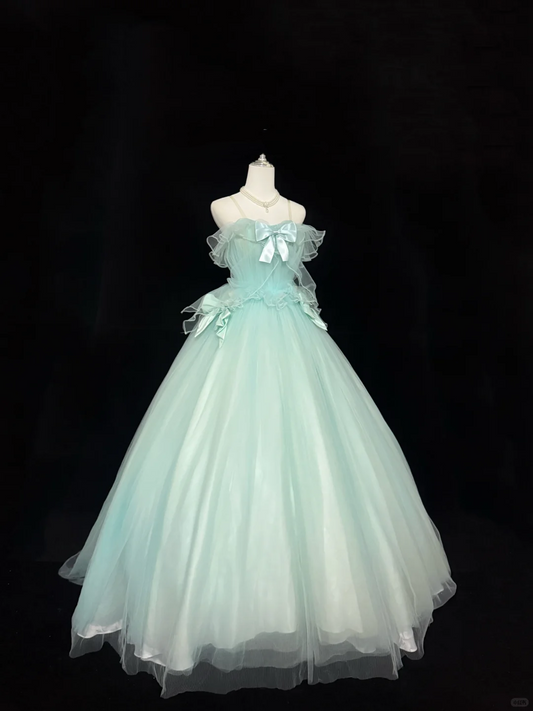 Sage Green Spaghetti Strap Off-the-Shoulder Cinched Waist Voluminous Skirt Romantic Dress, Wedding Gown gh7866