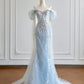 Girlhomeshops – Wunderschönes, blaues, exquisites, langes, mit Perlen besetztes Tüll-Ballkleid gh5485