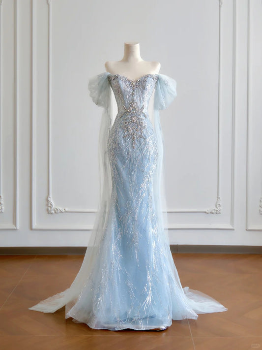 Girlhomeshops--Blue gorgeous exquisite beaded long tulle prom dress gh5485